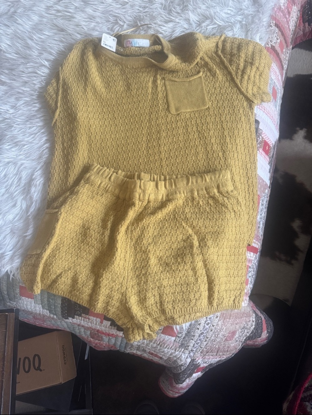 Free People Mustard Yellow High Waisted Knit Shorts Set